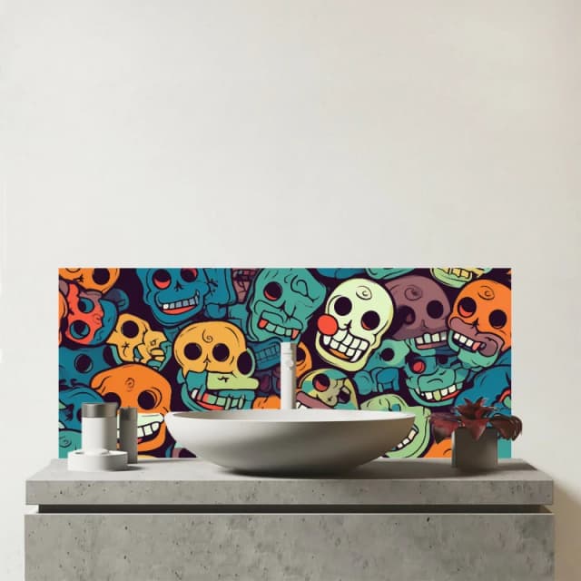 Warren Reed - Designer Smiling Skulls Pattern Glass Bathroom Splashback Multicolor Unisex