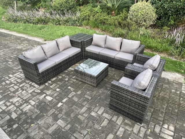 Fimous 8 Seater Rattan Garden Furniture Set Patio Outdoor Lounge Sofa Set with 2 Armchairs Side Table Square Coffee Table Dark Grey Mixed Dark Grey