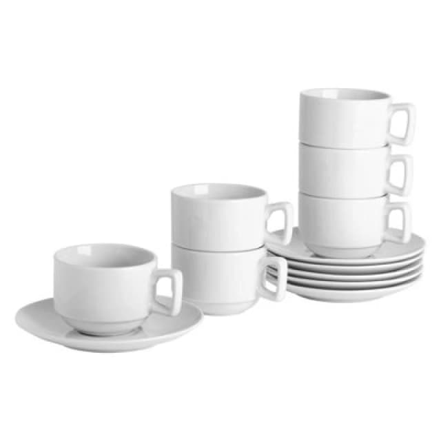 Argon Tableware Classic White Stacking Teacup & Saucer Set - 200ml - 12 Piece White