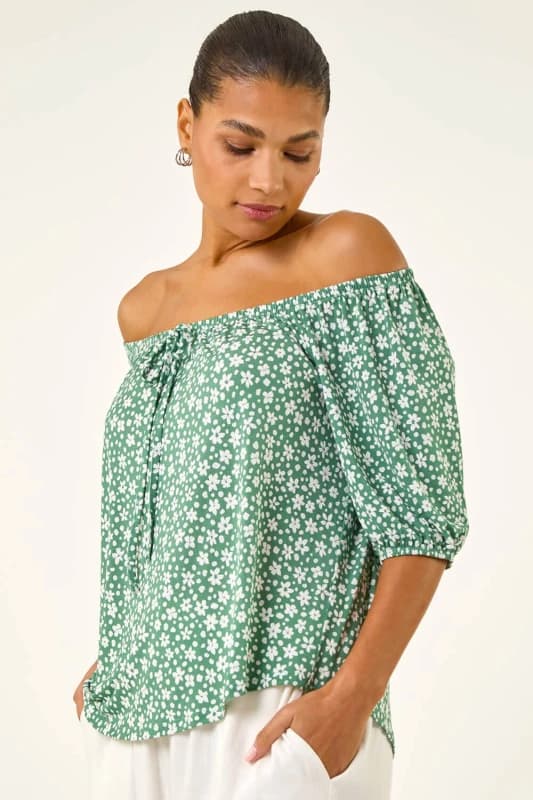 Roman Womens Floral Puff Print Bardot Top in Dark Green Size: 14 Dark Green Female 14