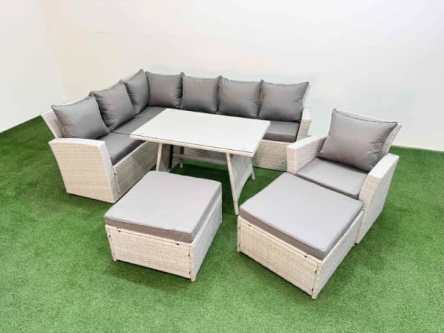 Fimous Garden Outdoor Rattan Furniture Set with 2 Big Footstools 9 Seater in Light Grey Light Grey Unisex