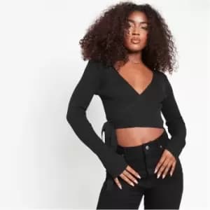 Missguided Rib Wrap Front Knit Crop Top - Black