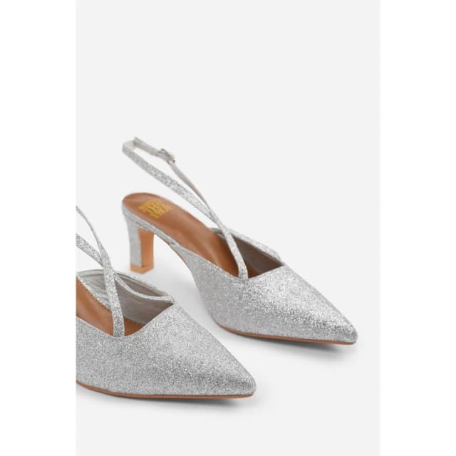 Where's That From 'Raizel' Pointed Toe Low Block Heel With Cross Over Ankle Strap Metallic Silver