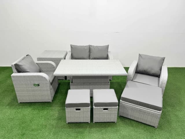 Fimous Light Grey PE Wicker Rattan Garden Furniture Set Sofa Set Reclining Chair Adjustable Lifting Dining or Coffee Table 7 Seater 3 Stools Side Tab