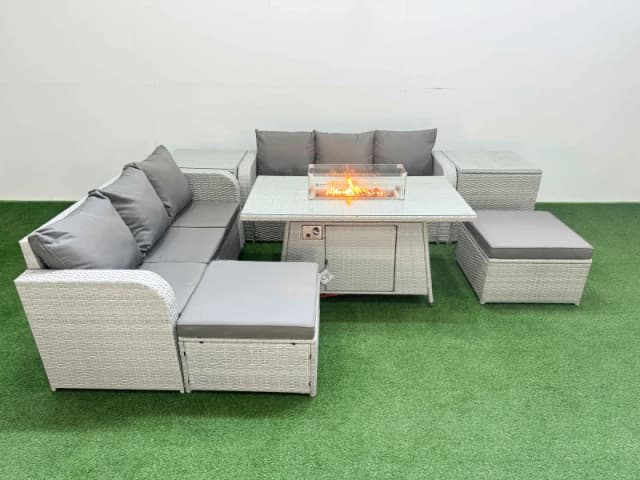 Fimous Outdoor Garden Furniture Sets 8 Seater Wicker Rattan Furniture Sofa Sets with Firepit Dining Table high Back Lounge Sofa 2 Big Footstool 2 Side