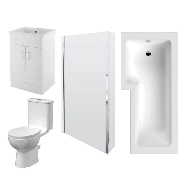 BALTERLEY Balterley - 1700mm Bathroom Suite - l Shape Shower Bath, Front Panel, Shower Bath Screen, Vanity Basin Unit and Toilet with Seat - Gloss Whi