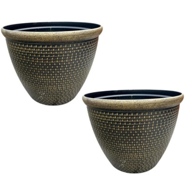 Gr8 Garden Set Of 2 Gold Cromarty Plant Pot Large 36Cm Plastic Round Flower Garden Patio Planter