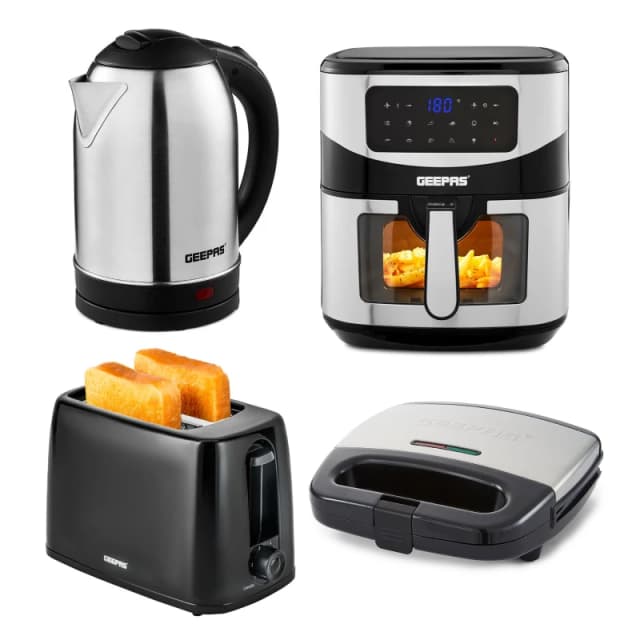 Geepas Kettle & toaster Sets with Air Fryer & Toastie Maker in Silver Silver Unisex