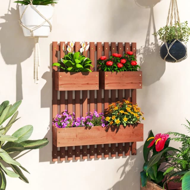 Outsunny Wooden Garden Planters With Trellis Wall-mounted Raised Garden Bed - Brown TJ Hughes 5061025133680