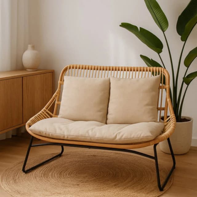 Orsina Natural Rattan Sofa, 2 Seat Rattan Sofa For Lounge, Living Room, Patio, Outdoor, Unique Cane Sofa