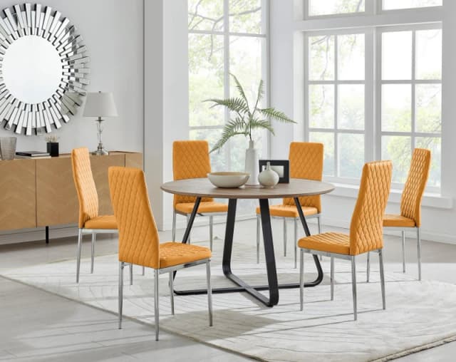 FurnitureboxUK FurnitureboxUK Santorini Brown Wood Effect Dining Table & 6 Milan Chrome Leg Chairs in Mustard Mustard One Size Unisex 5056657124113