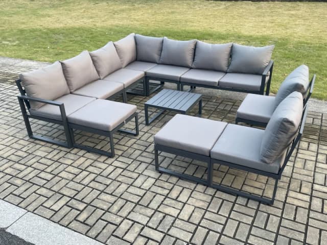 Fimous 11 Seater Patio Outdoor Garden Furniture Aluminium Lounge Corner Sofa Set with Square Coffee Table with 2 Big Footstools Dark Grey Dark Grey Un