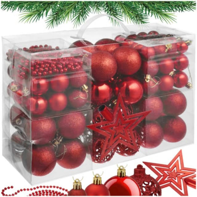 Tectake Christmas Decorations - 84 Red Baubles, String Of Beads, Star Tree Topper - Red