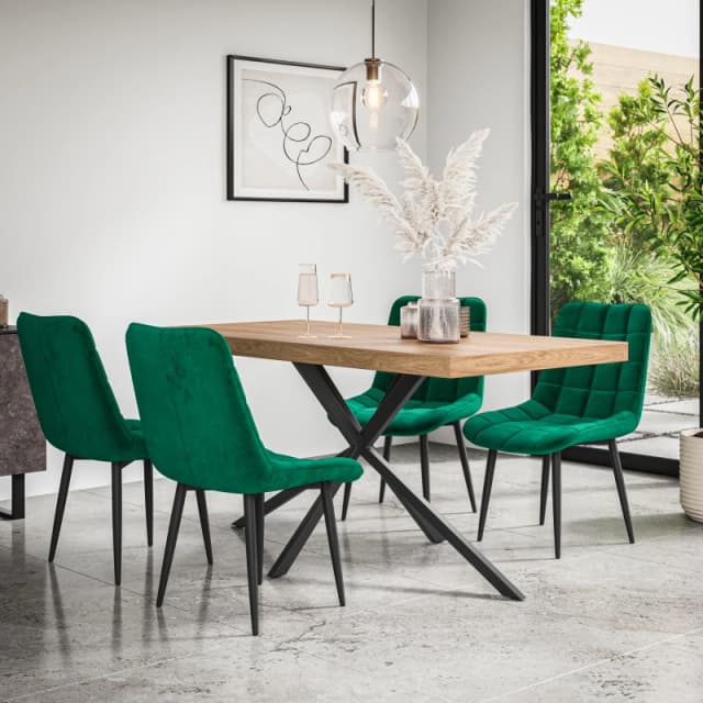 More4Homes Donni Dining Table And Chairs - Oak Effect Table Top W Black Legs + Nova Velvet Dining Chair Set Of 4 (Green)