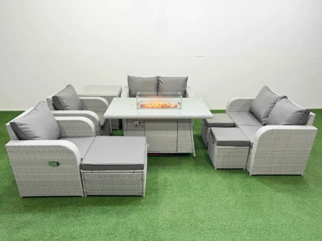 Fimous 9 Seater Outdoor Reclining Chair Love Sofa Set Rattan Garden Furniture Set with Firepit Dining Table 3 Stools Side Table Light Grey Light Grey