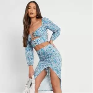 I Saw It First Ditsy Floral Ruched Split Leg Midi Skirt - Blue