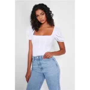 I Saw It First White Crepe Square Neck Corset Detail Puff Sleeve Bodysuit - White