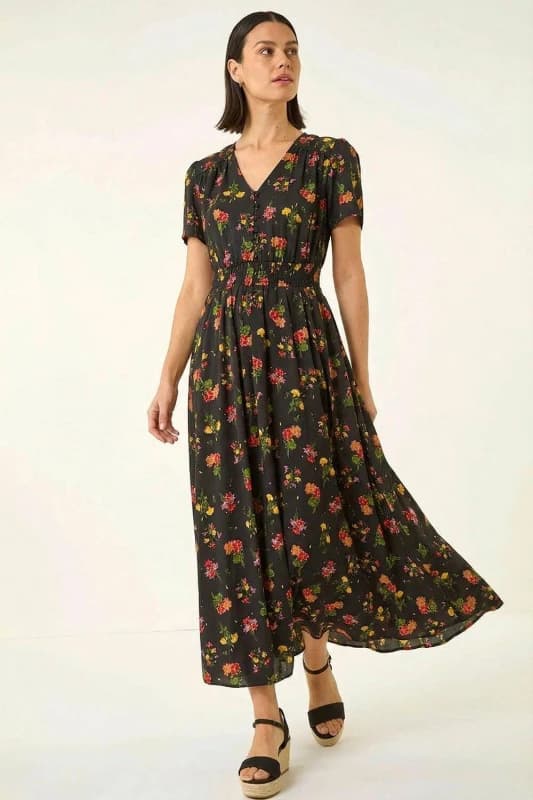 Roman Womens Floral Print Buttoned Midi Dress in Black Size: 14 Black Female 14