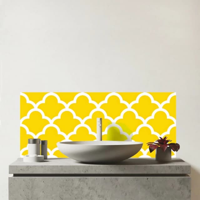 Warren Reed - Designer Geometric Yellow Quatrefoil Wave Glass Bathroom Splashback Yellow Unisex