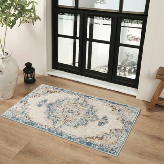 Livabliss Vintage Oriental Boho Sky Blue Agra Area Rug 60 X 90 Cm - Easy Care, Non Shedding, Ideal For Living Room & Bedroom