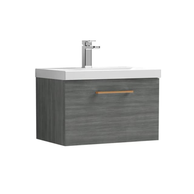 Balterley 600mm Wall Hung 1 Drawer Vanity, Woodgrain Anthracite, Copper Handle in Grey Grey Unisex