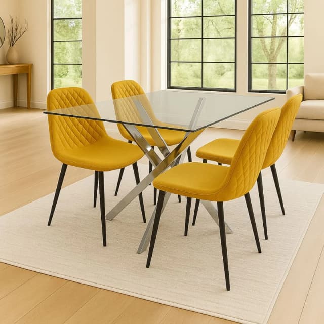 KOSY KOALA KOSY KOALA Round Glass Dining Table with 4 musturd Leather Chairs Dining Room Furniture in Clear Clear One Size Unisex 5061055345947