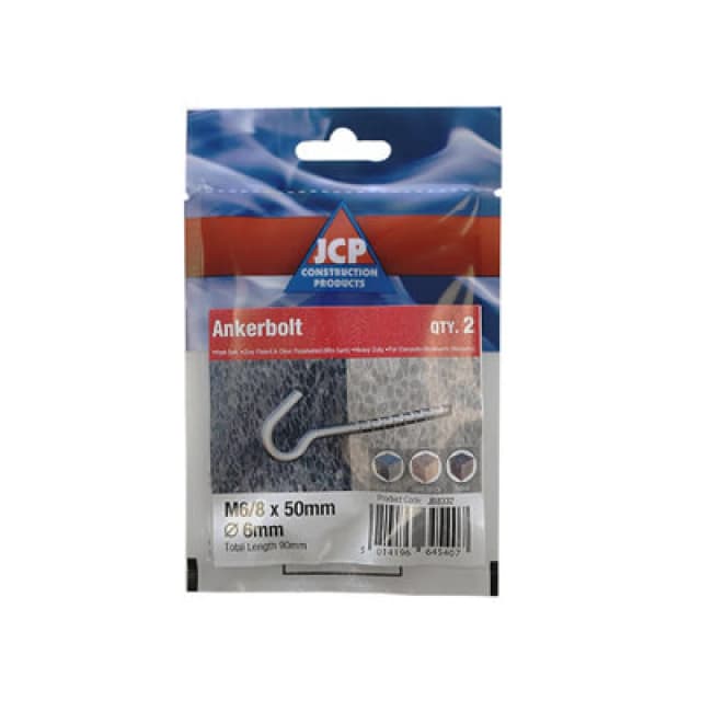 Jcp Fixings Hook Bolts Bzp - 6/8 X 50mm - Fjjbjab06/08050Hook -