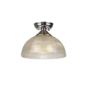 Dresden Flush Ceiling Lamp E27 With Round 30cm Prismatic Effect Glass Shade Polished Nickel, Clear