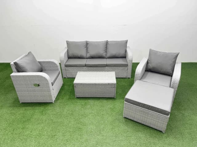 Fimous PE Rattan Garden Furniture Set Reclining Chair Sofa Lounge Sofa Set Oblong Coffee Table Big Footstool Light Grey Light Grey