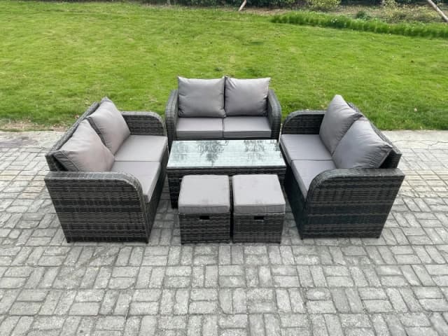 Fimous Outdoor Garden Furniture Sets 6 Pieces Wicker Rattan Furniture Sofa Sets with Rectangular Coffee Table Love seat Sofa 2 Small Footstools Dark G
