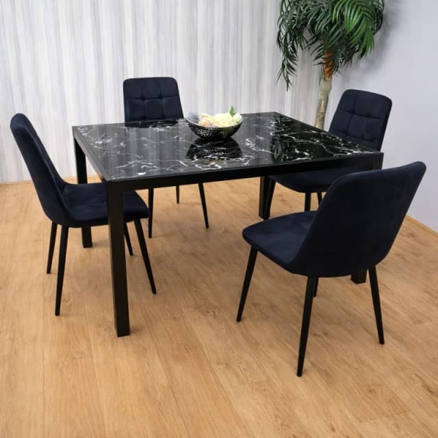KOSY KOALA KOSY KOALA Black Glass Marble Effect Dining Table with 4 Tufted Velvet Chairs in Clear Clear One Size Unisex 5060711589558