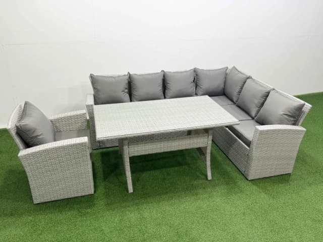 Fimous Rattan Garden Furniture Sets Outdoor 7 Seater Patio Dining Corner Sofa in Light Grey Light Grey Unisex