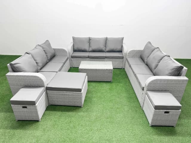 Fimous PE Rattan Lounge Sofa Set 12 Seater Outdoor Garden Furniture Set with Rectangular Coffee Table 3 Seater Sofa 3 Stools Light Grey Light Grey