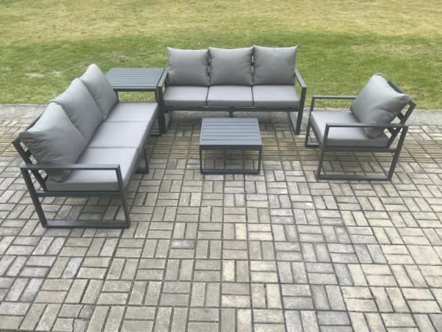 Fimous Aluminium 7 Seater Outdoor Garden Furniture Lounge Sofa Set with Square Coffee Table Chair Side Table Dark Grey Dark Grey Unisex
