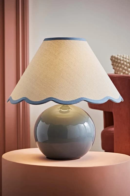 ValueLights Bosco Eucalyptus Teal Ceramic Table Lamp with Natural Linen Scallop Lamp Shade Blue