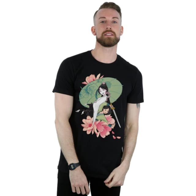 Disney Men Mulan Magnolia Collage T-Shirt in Black Size: Small Black S Male 5059308812049