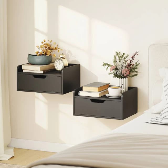 HOMCOM Floating Nightstands Set of 2, Nightstand with Drawer, Black Size: 40cm x 30cm Black Unisex 40cm x 30 cm