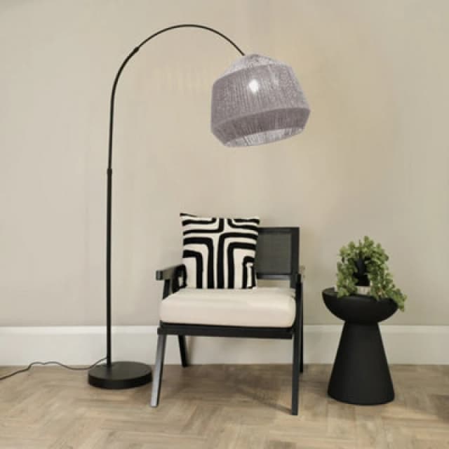 ValueLights Louis Black Arched Curved Floor Lamp with Rope Dome Lamp Shade Grey