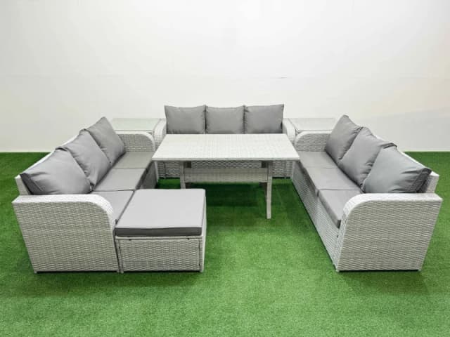 Fimous PE Rattan Lounge Sofa Set 10 Seater Outdoor Garden Furniture Set with Rectangular Dining Table 3 Seater Sofa Big Footstool 2 Side Table Light G