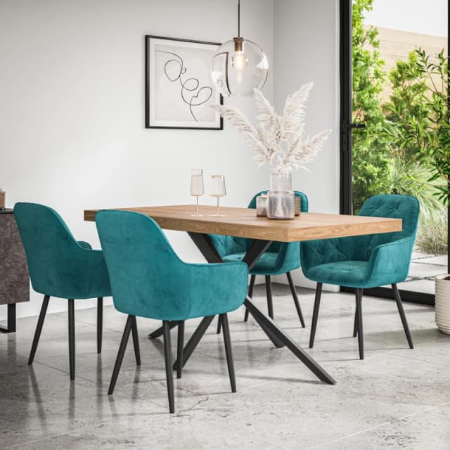 More4Homes Donni Dining Table And Chairs - Oak Effect Table Top W Black Legs + Anika Velvet Dining Chair Set Of 6 (Blue)