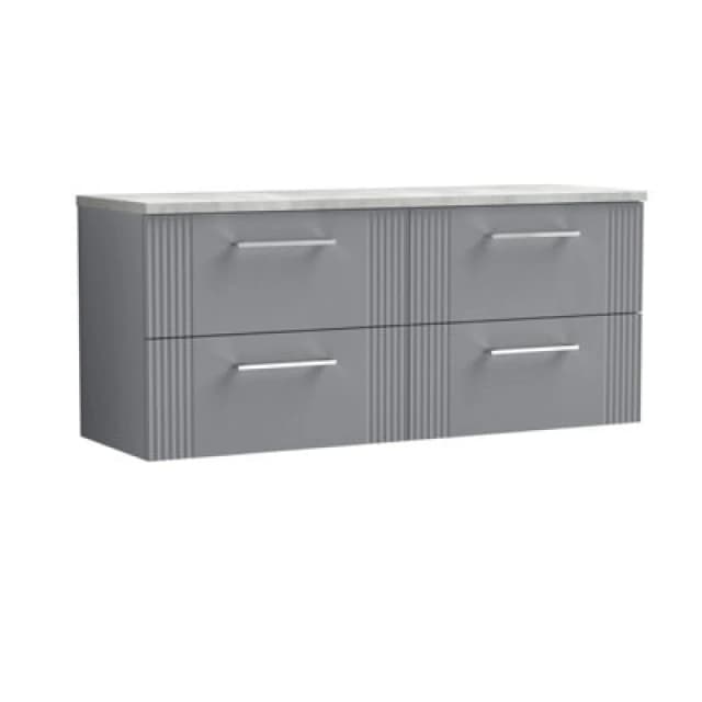 Nuie Deco Wall Hung 4-Drawer Vanity Unit & Bellato Grey Laminate Worktop, Counter Top Vanity Unit In Satin Grey, 1200mm