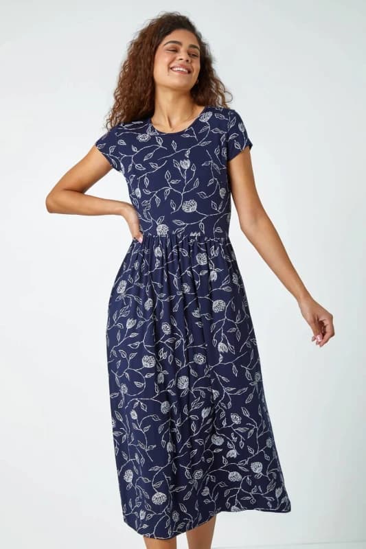 Roman Floral Print Midi Stretch Dress Navy