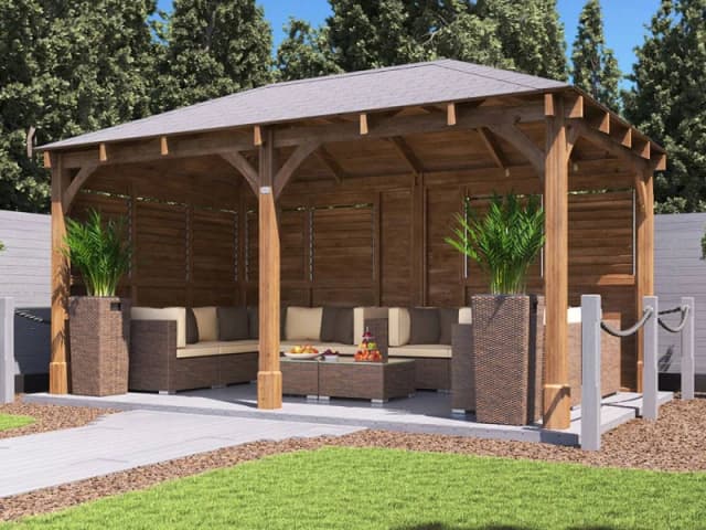 Dunster House Wooden Gazebo Kit Louvre Wall 5M X 3M With Roof Shingles Leviathan