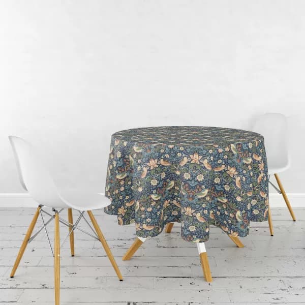 William Morris Strawberry Thief Circular Acrylic Coated Tablecloth Strawberry Thief Navy