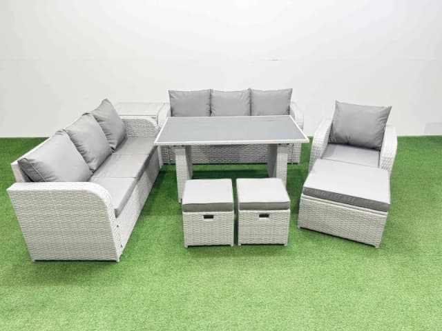 Fimous 10-seater Patio Rectangular Table Sofa Set with Side Table 3 Stools in Light Grey Light Grey Unisex