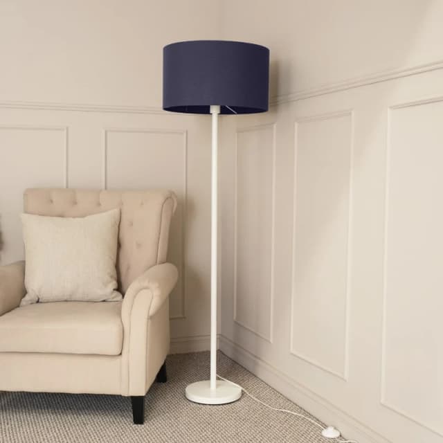 ValueLights Charlie White Metal Single Stem Floor Lamp with Fabric Drum Lamp Shade Navy