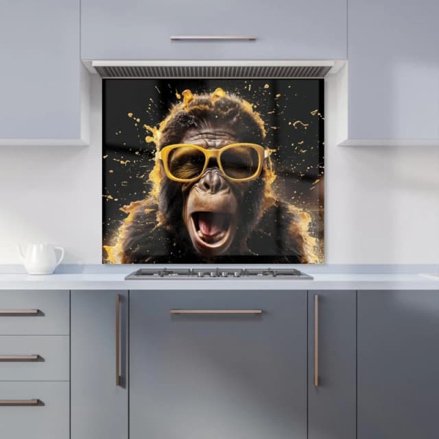 Warren Reed - Designer Splashart Monkey Face With Yellow Glasses Kitchen Splashback in Orange Size: 900mm x 750mm Orange Unisex 900mm x 750mm