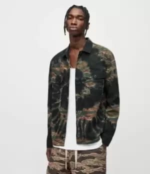 AllSaints Mens Cotton Camouflage Relaxed Fit Dockweiler Tie Dye Shirt, Brown and Green, Size: XL, Brown/Green