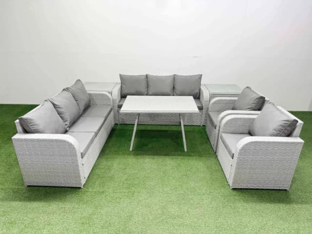 Fimous Rattan High Back Lounge Sofa Set with Reclining Chairs 2 Side Tables in Light Grey Light Grey Unisex