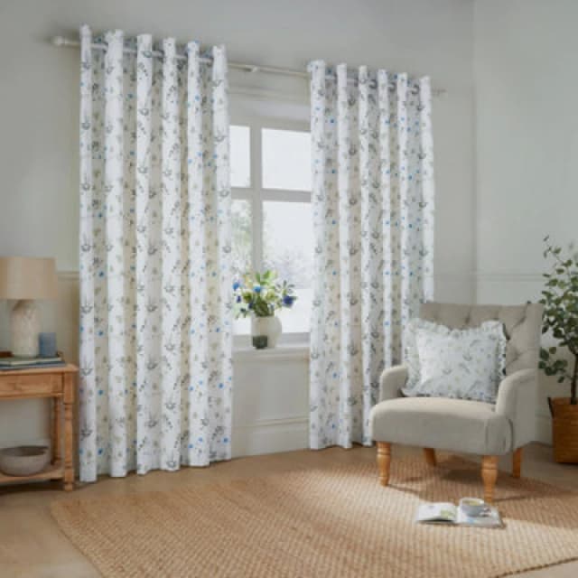 Wylder Nature Meadow Room Darkening 100% Cotton Eyelet Curtain Pair White/cornflower (W)168Cm X (D)137Cm